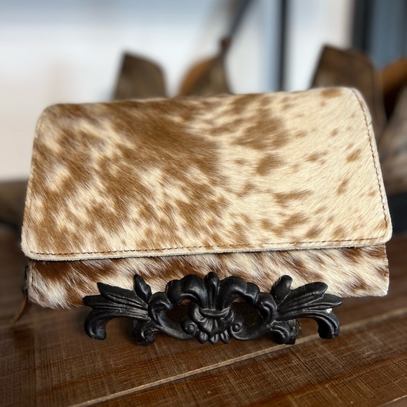 New Unique Brown White Tan Genuine Leather Cowhide Flap Handmade womens large - Picture 1 of 8